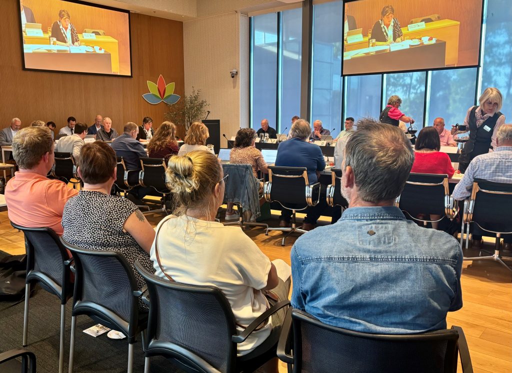 Gasten van de raad wonen de raadsvergadering bij op de publieke tribune
